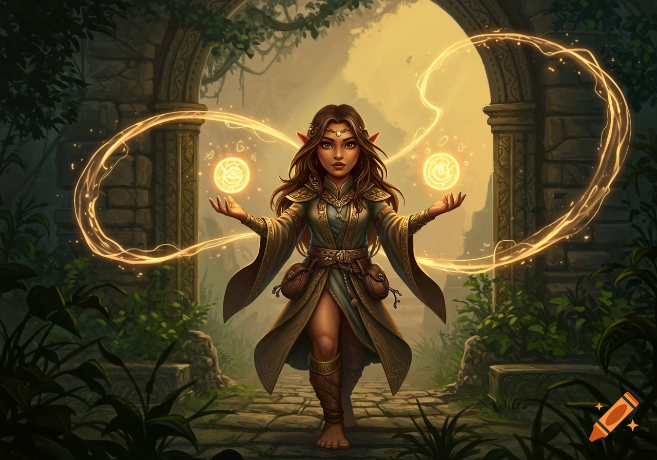 A fantasy illustration of an elf-like sorceress with glowing magical orbs between her outstretched hands, standing in an overgrown ancient ruin.
