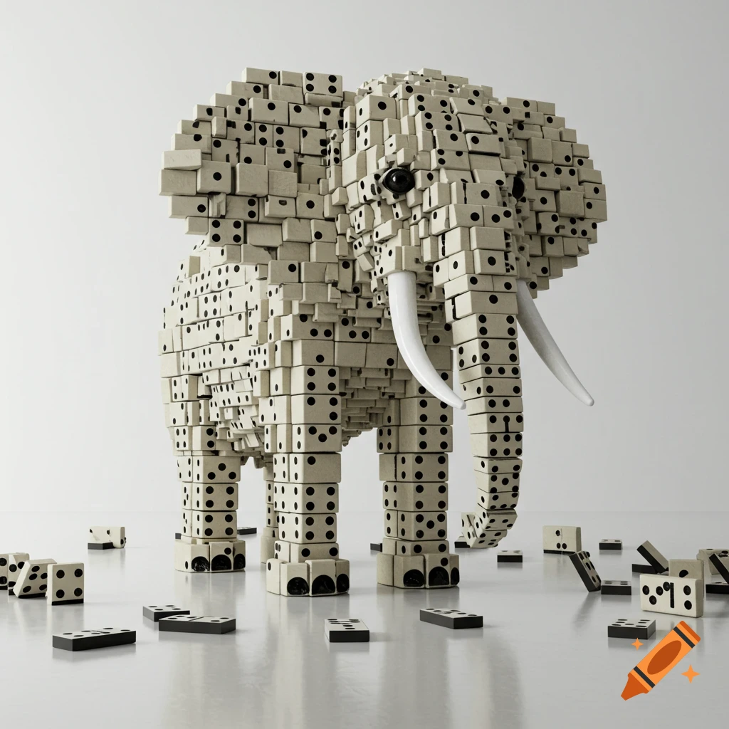 A stylized elephant constructed from hundreds of white domino pieces with black pips, standing on a light surface.