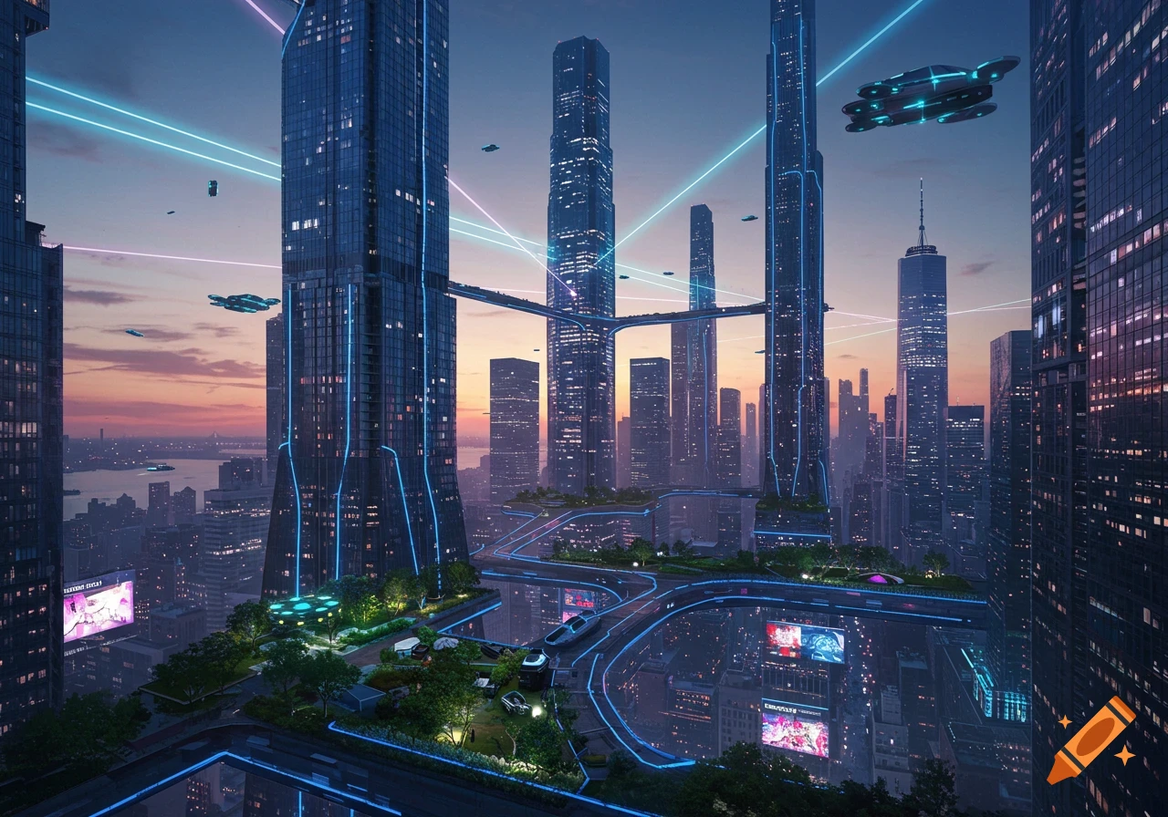 A sprawling futuristic city at dusk with towering skyscrapers, flying vehicles, and neon blue lights outlining structures.