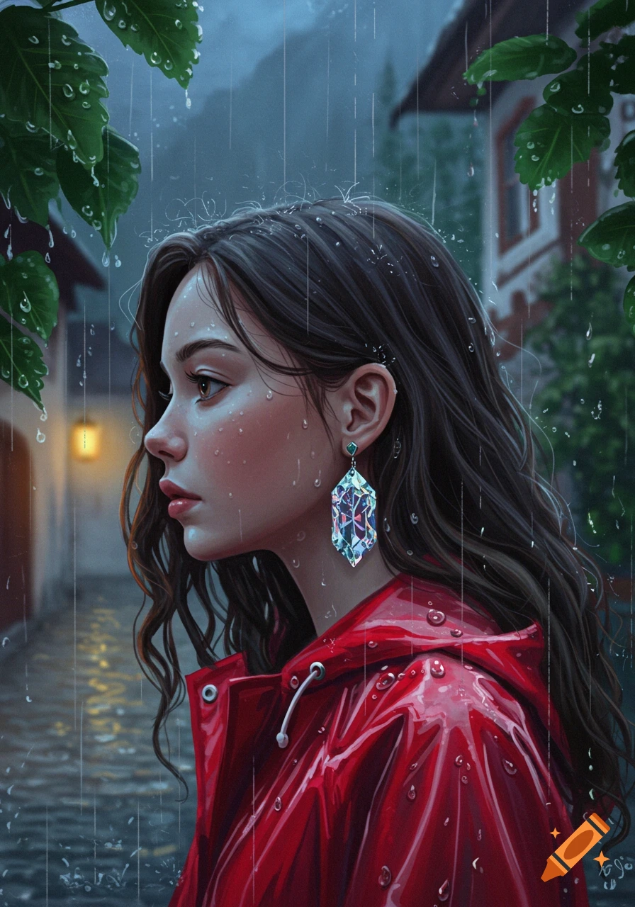 Digital illustration of a young woman with long dark hair, wearing a red raincoat and large crystal earring, standing in the rain.