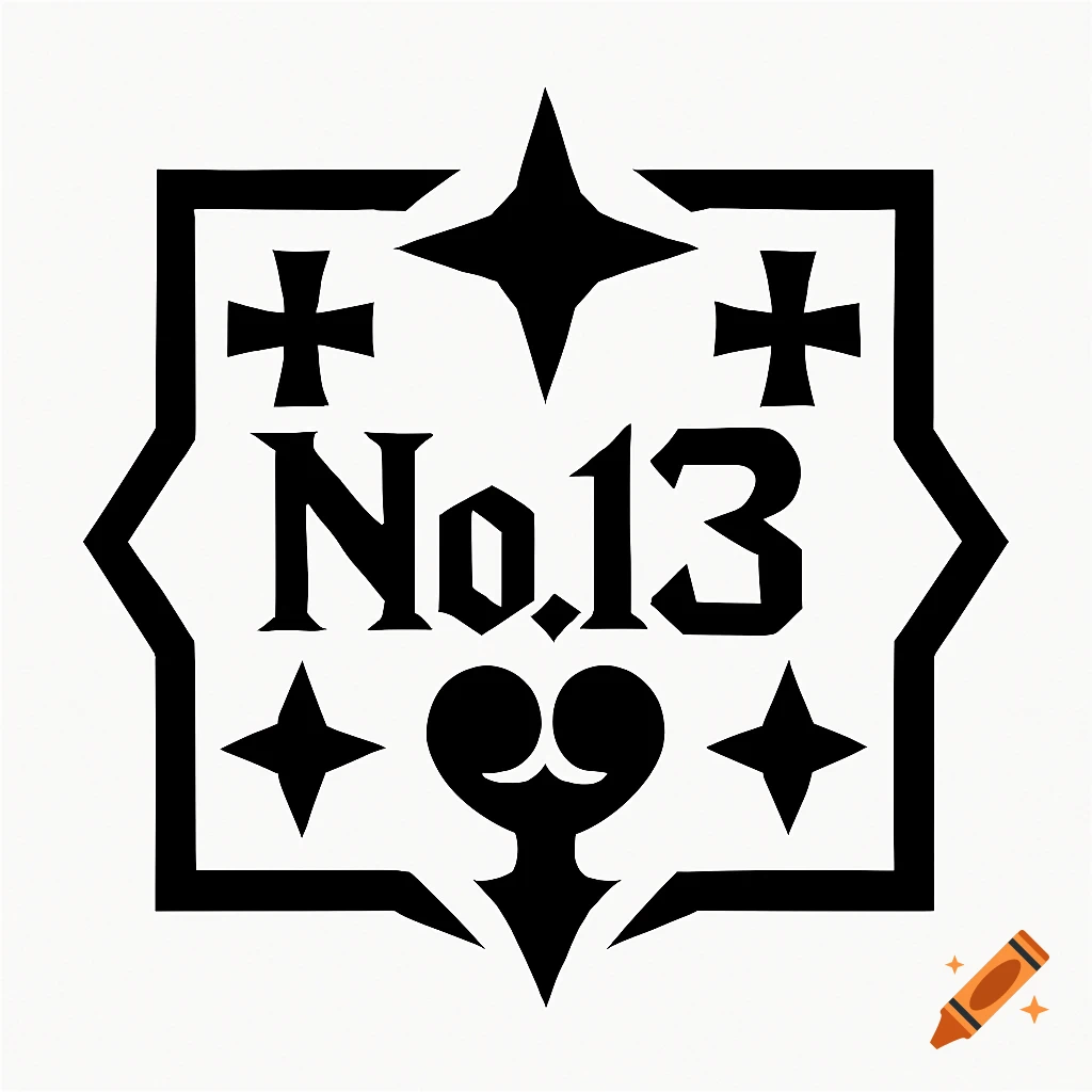 A minimalist black and white emblem featuring the text "No.13" centered, surrounded by crosses and stars within a decorative border.
