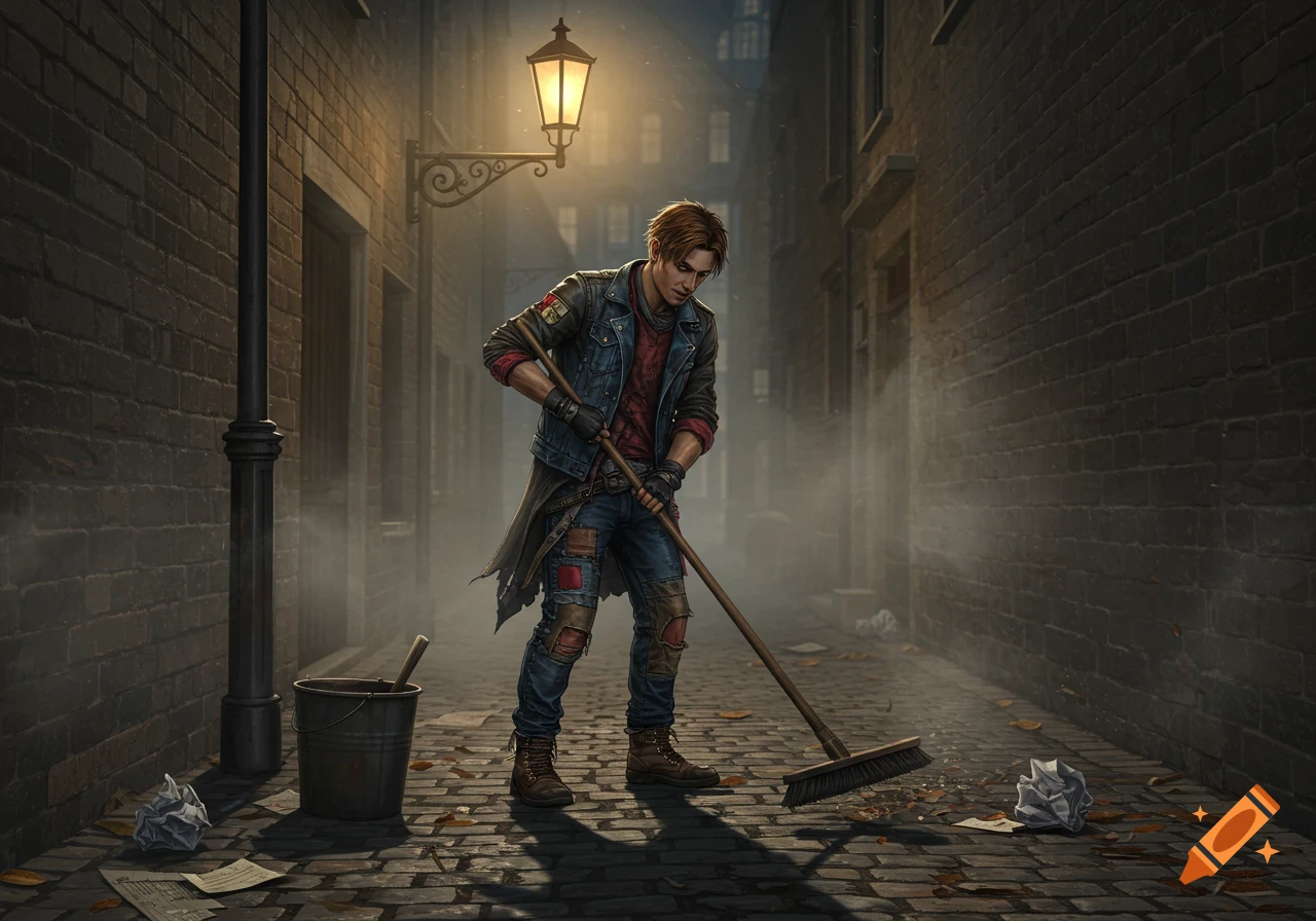 A young man with ragged clothes sweeps a dark, cobblestone alley under a glowing street lamp in a detailed digital illustration.