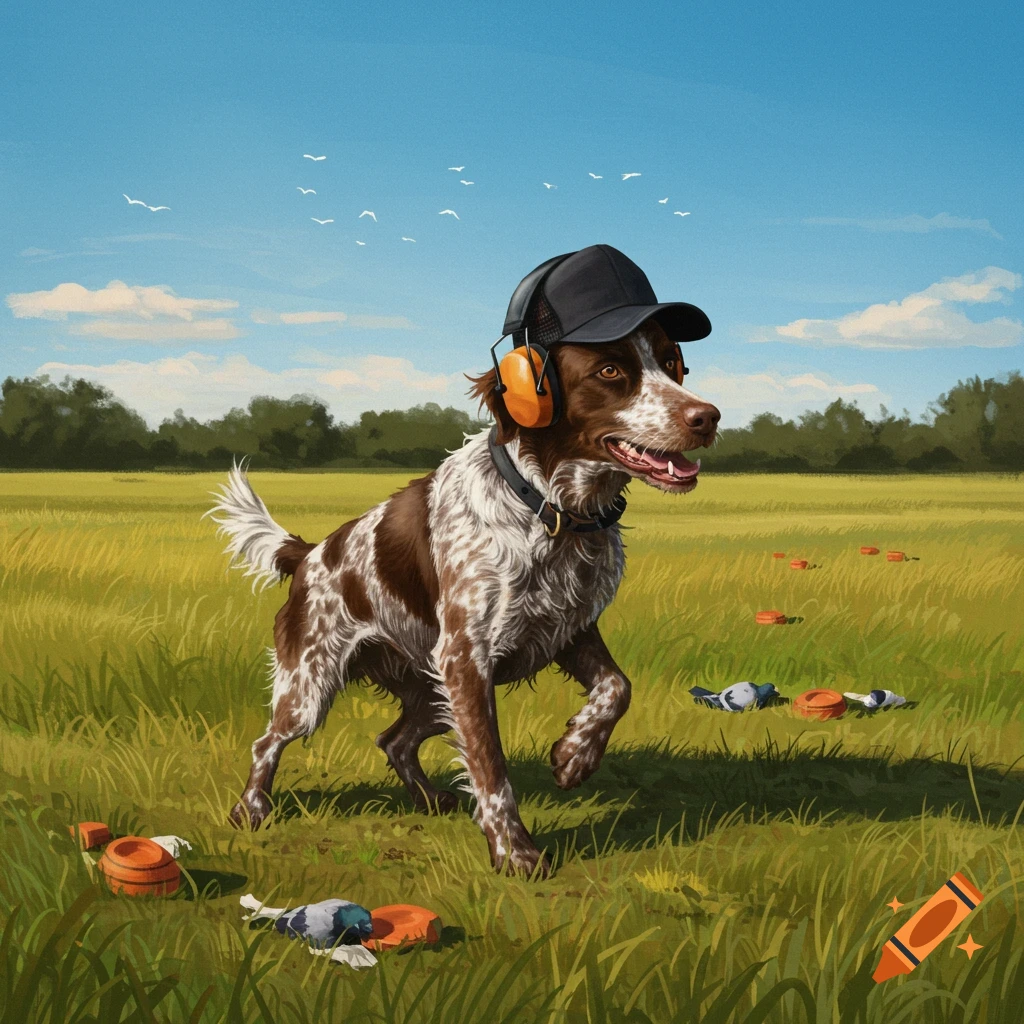 A brown and white Spaniel dog wearing a black cap and orange ear protection runs through a grassy field with scattered clay targets.