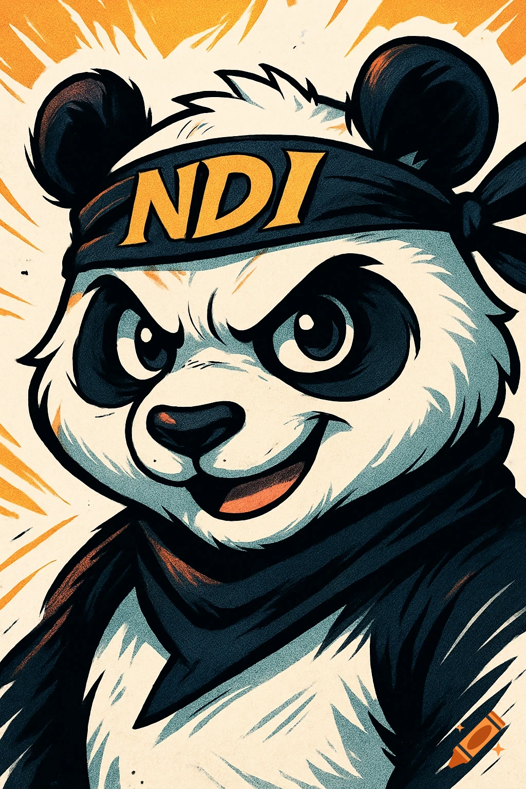 Webtoon-style panda mascot with a determined expression, wearing a ninja headband with 'NDI' text, against an orange starburst.
