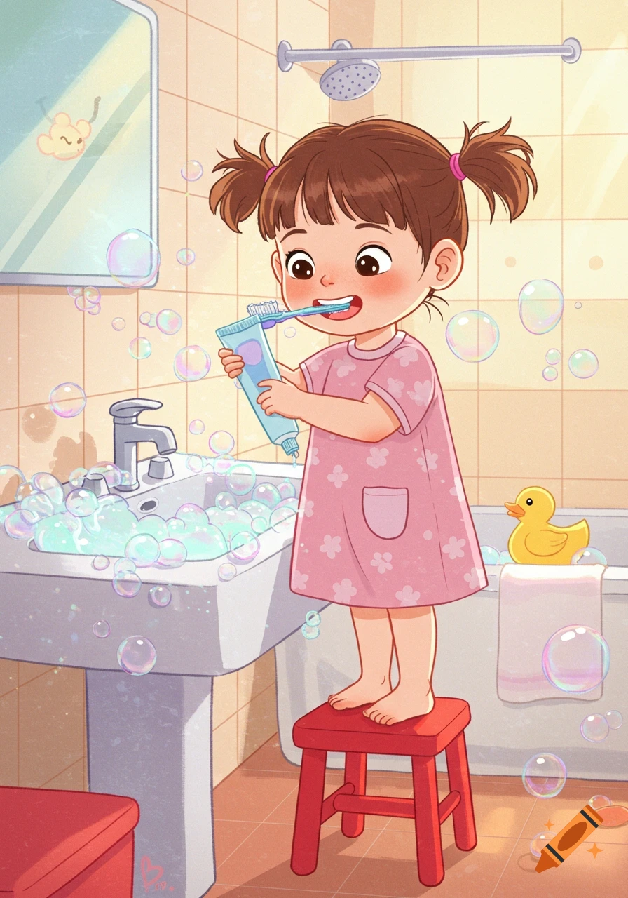 A cute cartoon little girl with pigtails stands on a red stool in a bubble-filled bathroom, happily brushing her teeth.