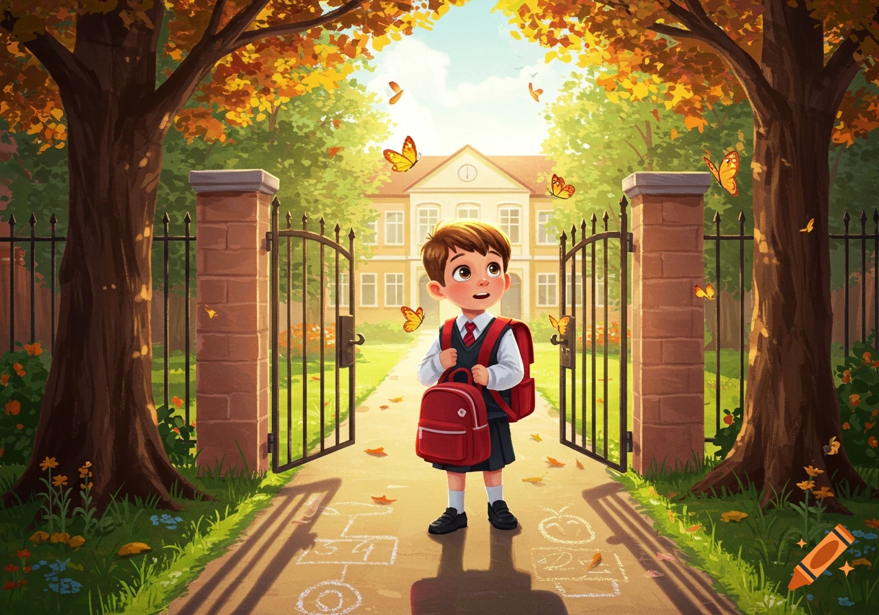 A young boy in school uniform with a red backpack stands at the open gates of a school on a sunny autumn day, illustration.