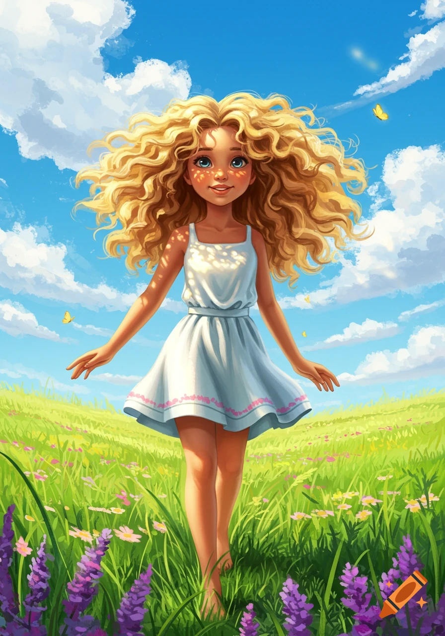 Illustrative blonde girl with curly hair walking in a sunny grassy field with flowers under a blue sky.