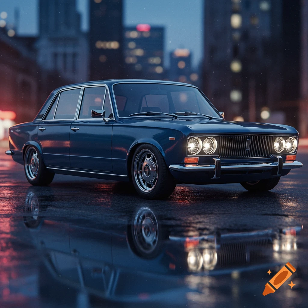 A dark blue classic sedan on a wet city street at night, with building lights reflecting on the pavement.