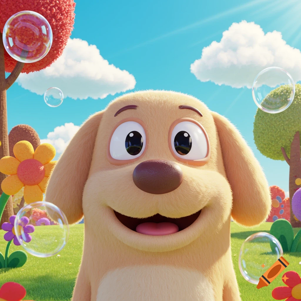 A happy cartoon dog smiles in a colorful park with trees, flowers, and bubbles floating around.