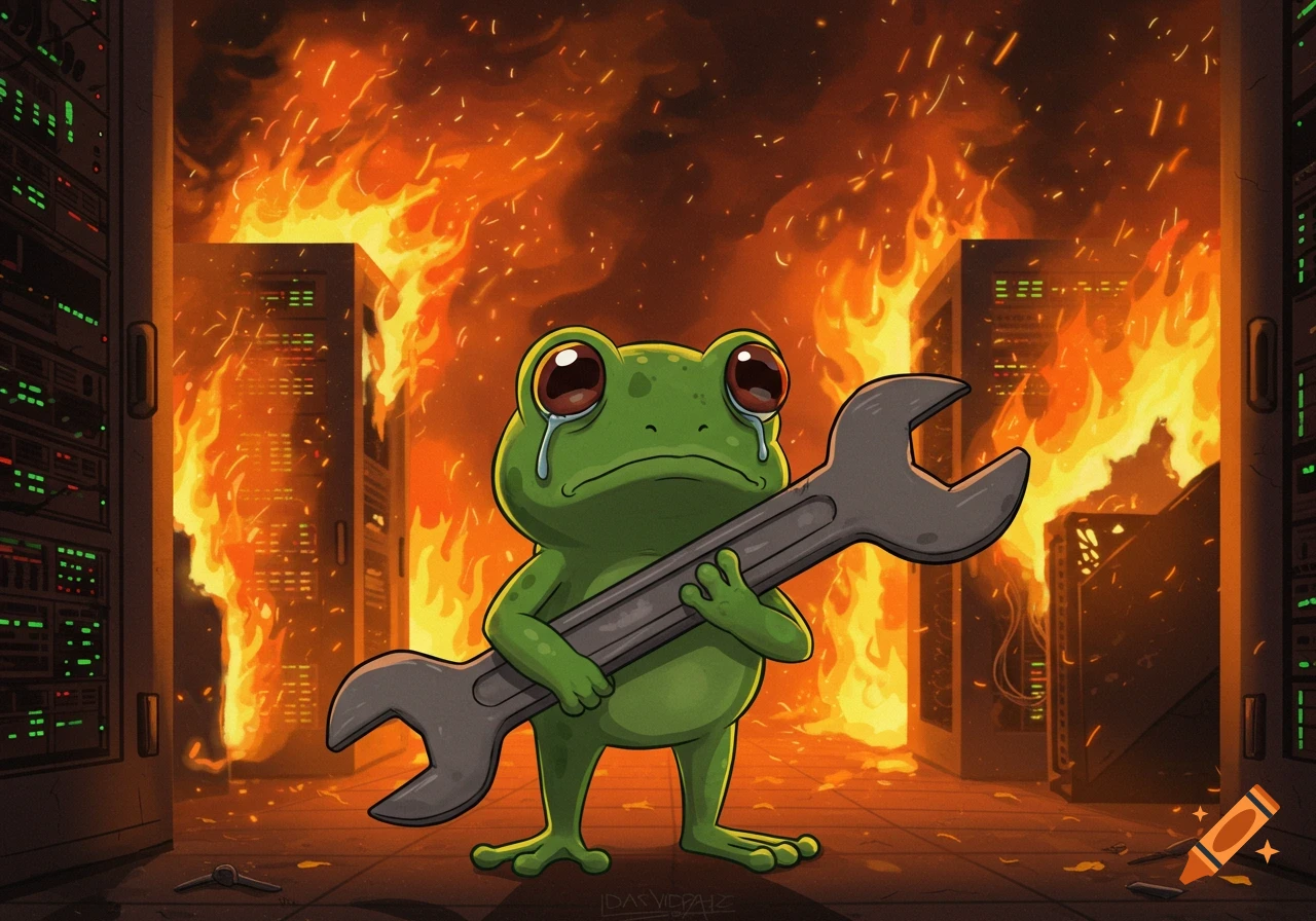 A cartoon illustration of a sad green frog holding a wrench in a burning server room with server racks on fire.
