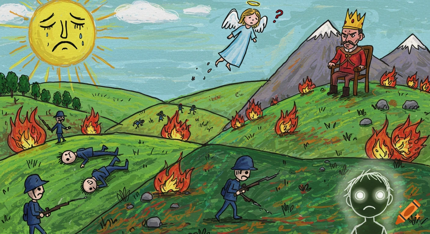 Childlike crayon and marker drawing of a war scene: crying sun, confused angel, angry king, soldiers, fires, and dead figures on green hills.