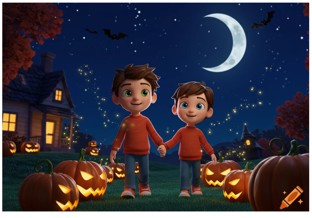 Two cartoon boys walk hand-in-hand along a pumpkin path at night, with a moon, bats, and a glowing house, 3D style.