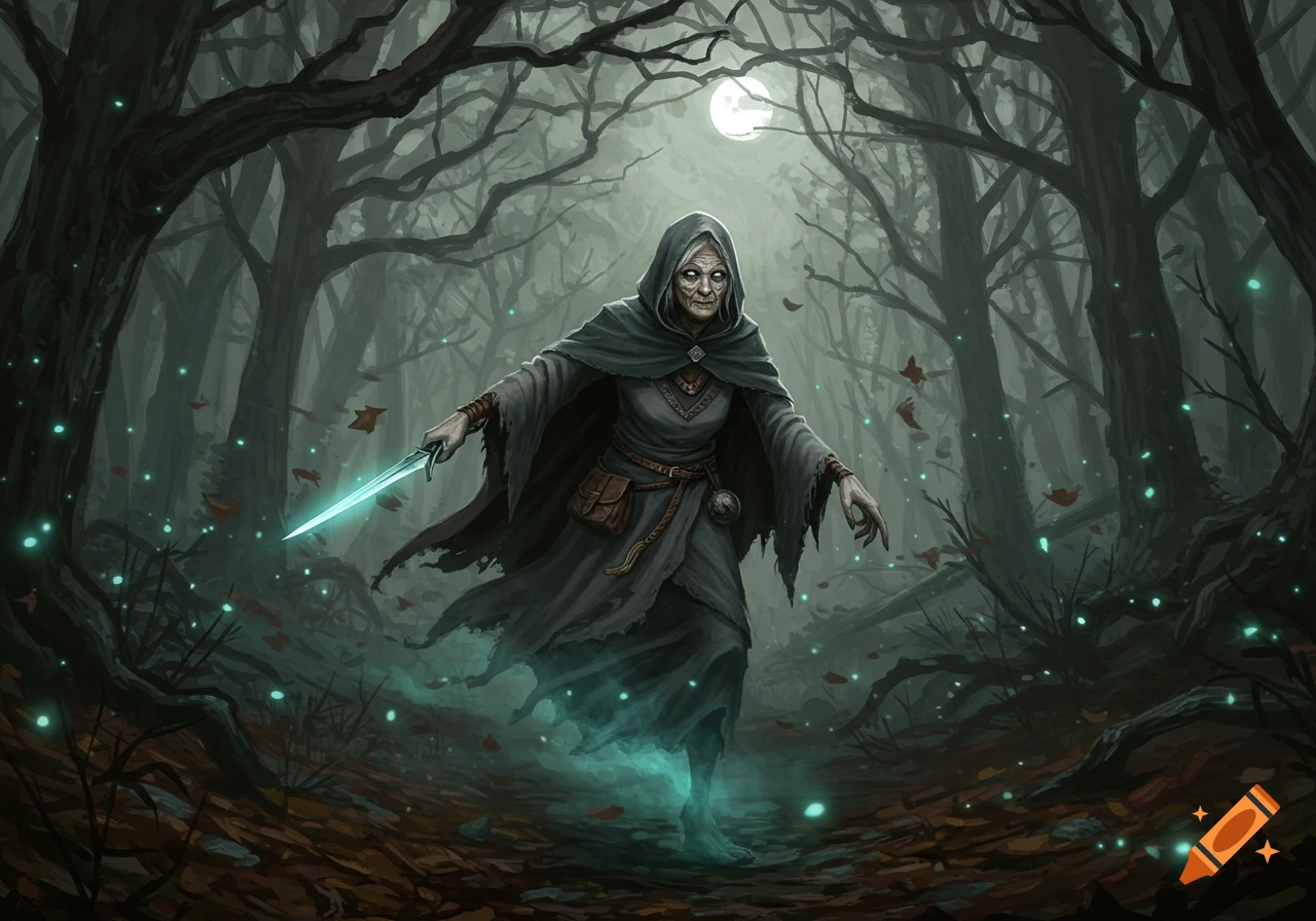 An old witch in a dark hooded cloak, holding a glowing dagger, stands in a misty, moonlit forest with glowing teal specks.