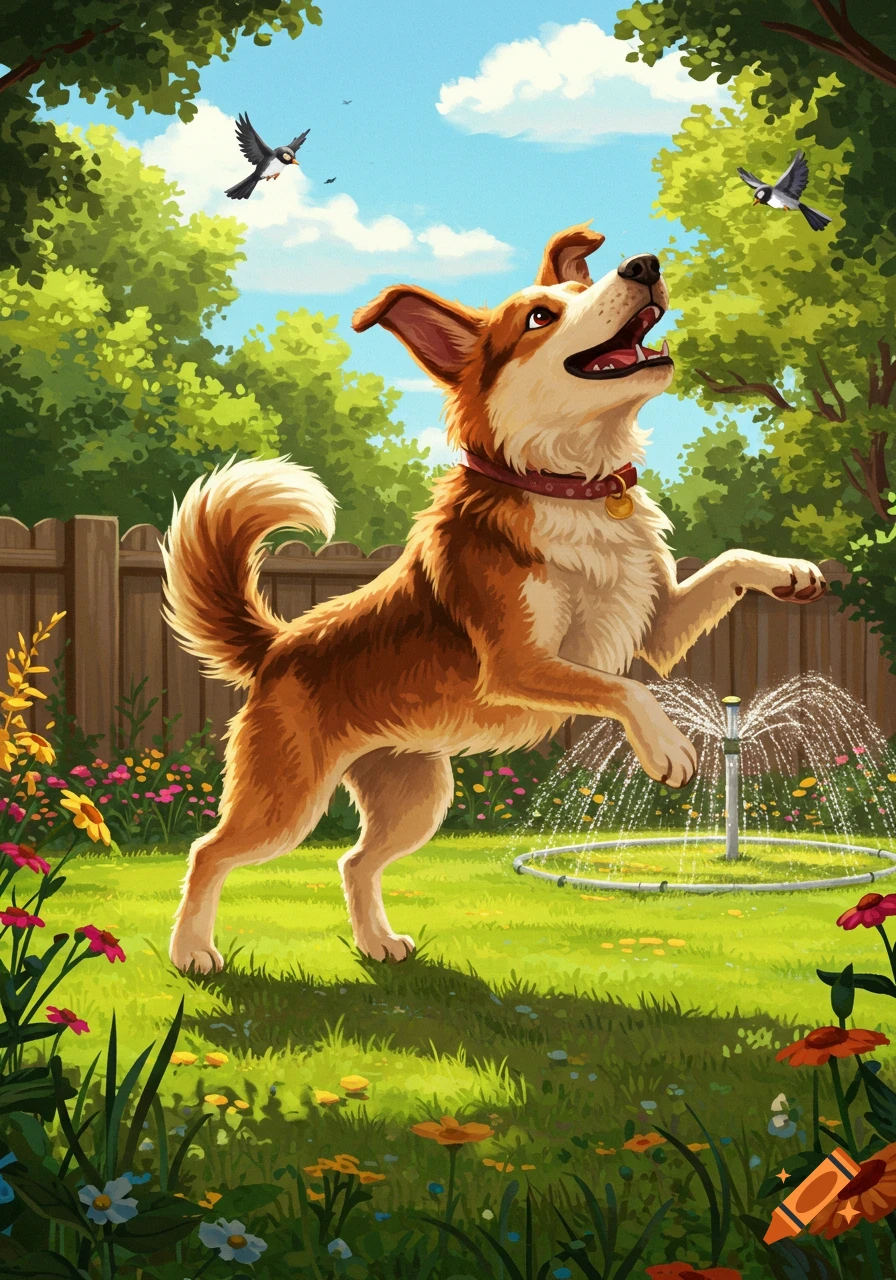 An illustrated happy brown and white dog jumps in a sunny garden, looking at birds as a sprinkler sprays water.
