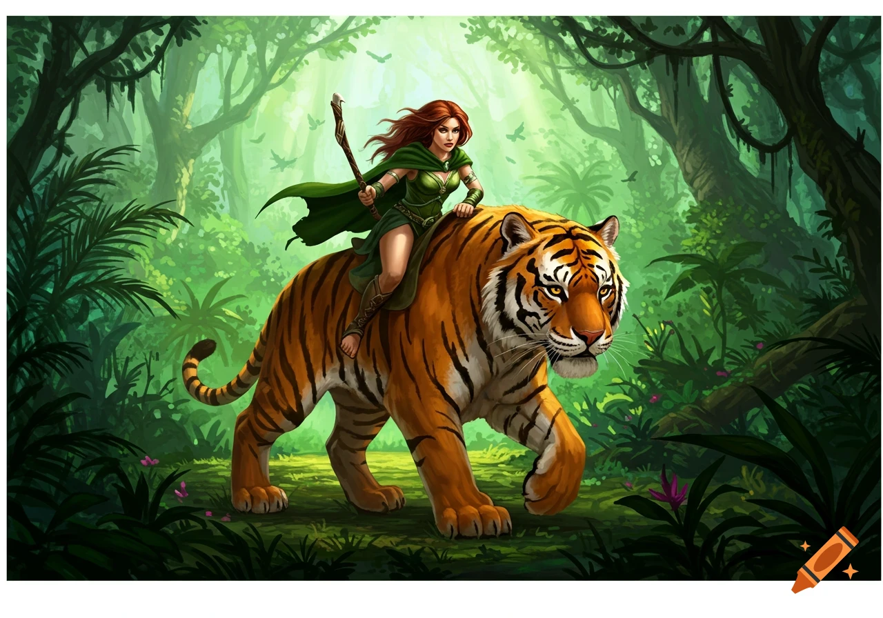 A red-haired female warrior in green fantasy attire rides a tiger through a lush green jungle.
