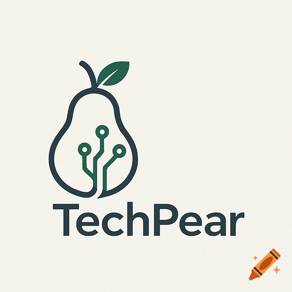Modern logo of a pear with a green circuit board design inside and 'TechPear' text below.