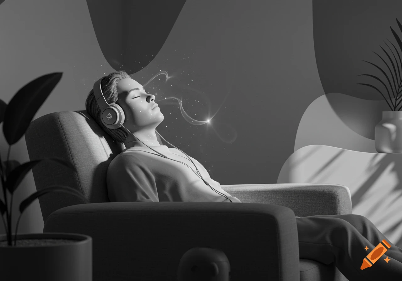 Monochromatic image of a person relaxing in an armchair with headphones on, eyes closed, surrounded by glowing abstract particles.
