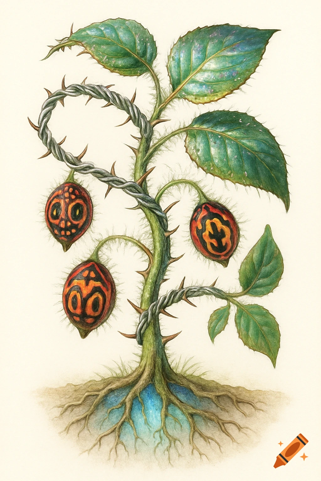 Detailed botanical illustration of an imaginary thorny, hairy plant with barbed wire-like stems and three patterned, skull-like fruits.