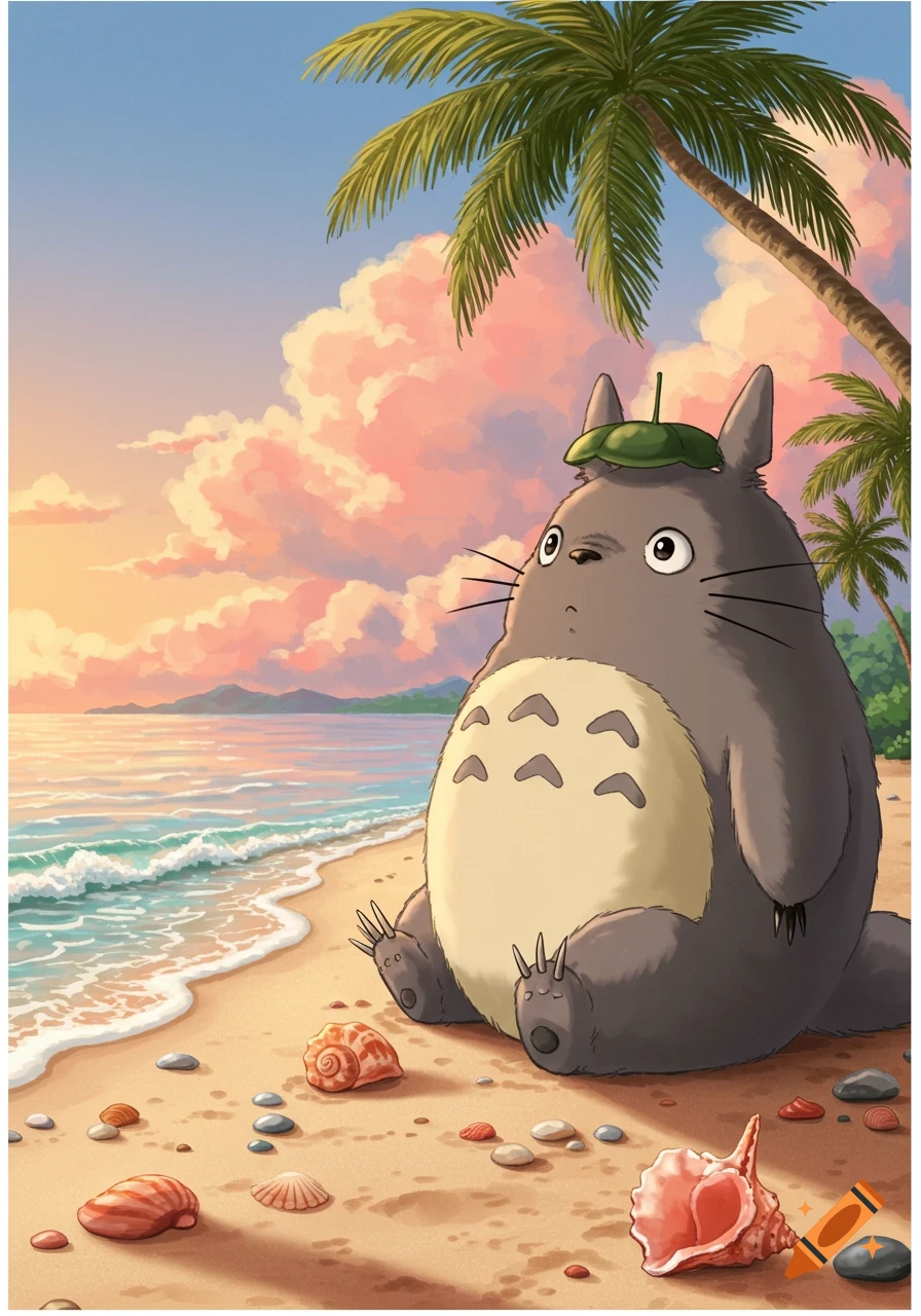 A large grey Totoro-like creature with a leaf hat sits on a sandy beach with seashells, palm trees, and a pink sunset sky.