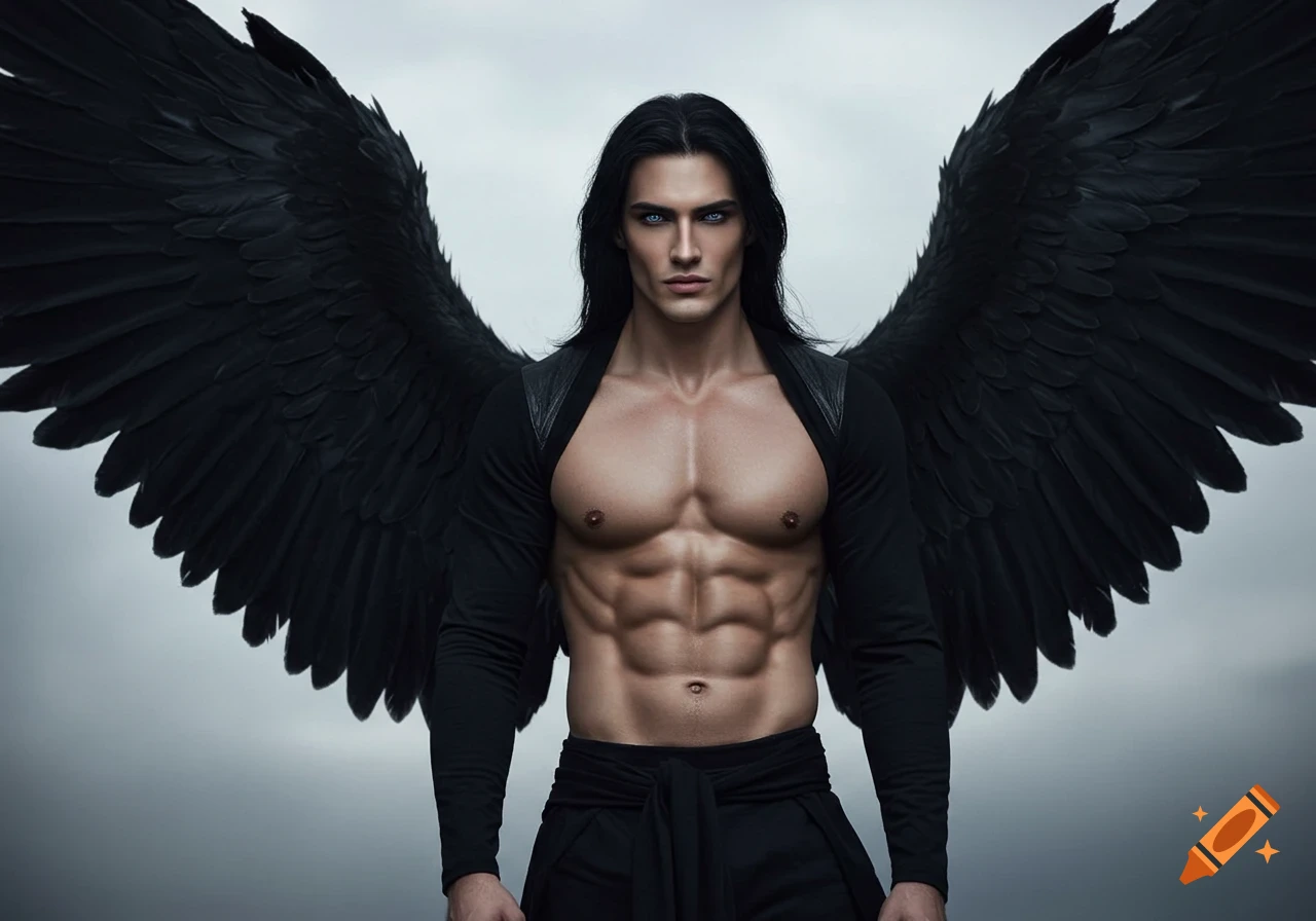 Photorealistic portrait of a handsome man with long black hair, piercing blue eyes, an athletic torso, and large black wings.