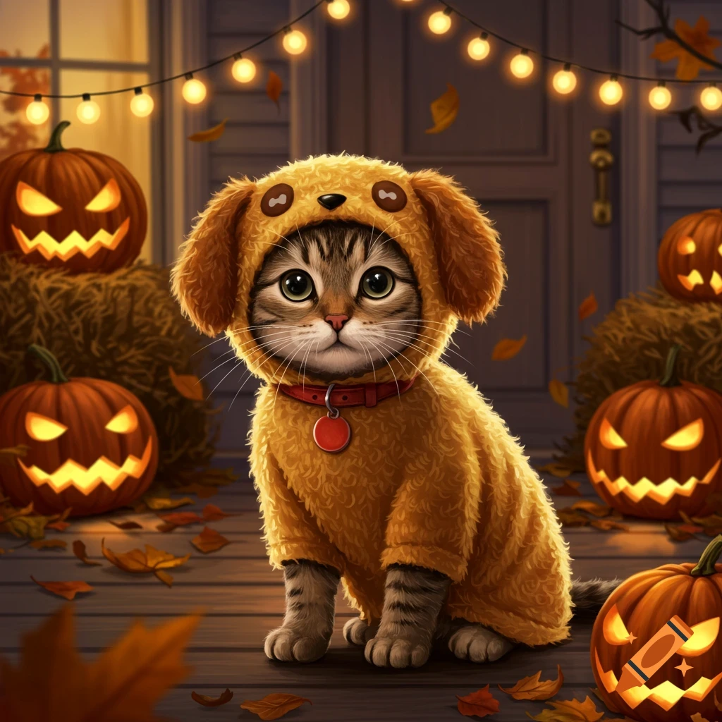 Cute tabby cat in a yellow dog costume sits on a porch surrounded by glowing Halloween jack-o'-lanterns and autumn leaves.