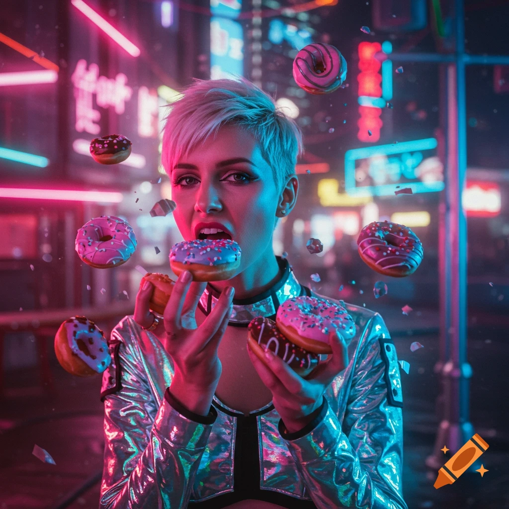 A blonde woman in a metallic jacket eats a donut in a vibrant, neon-lit cyberpunk cityscape with floating donuts.