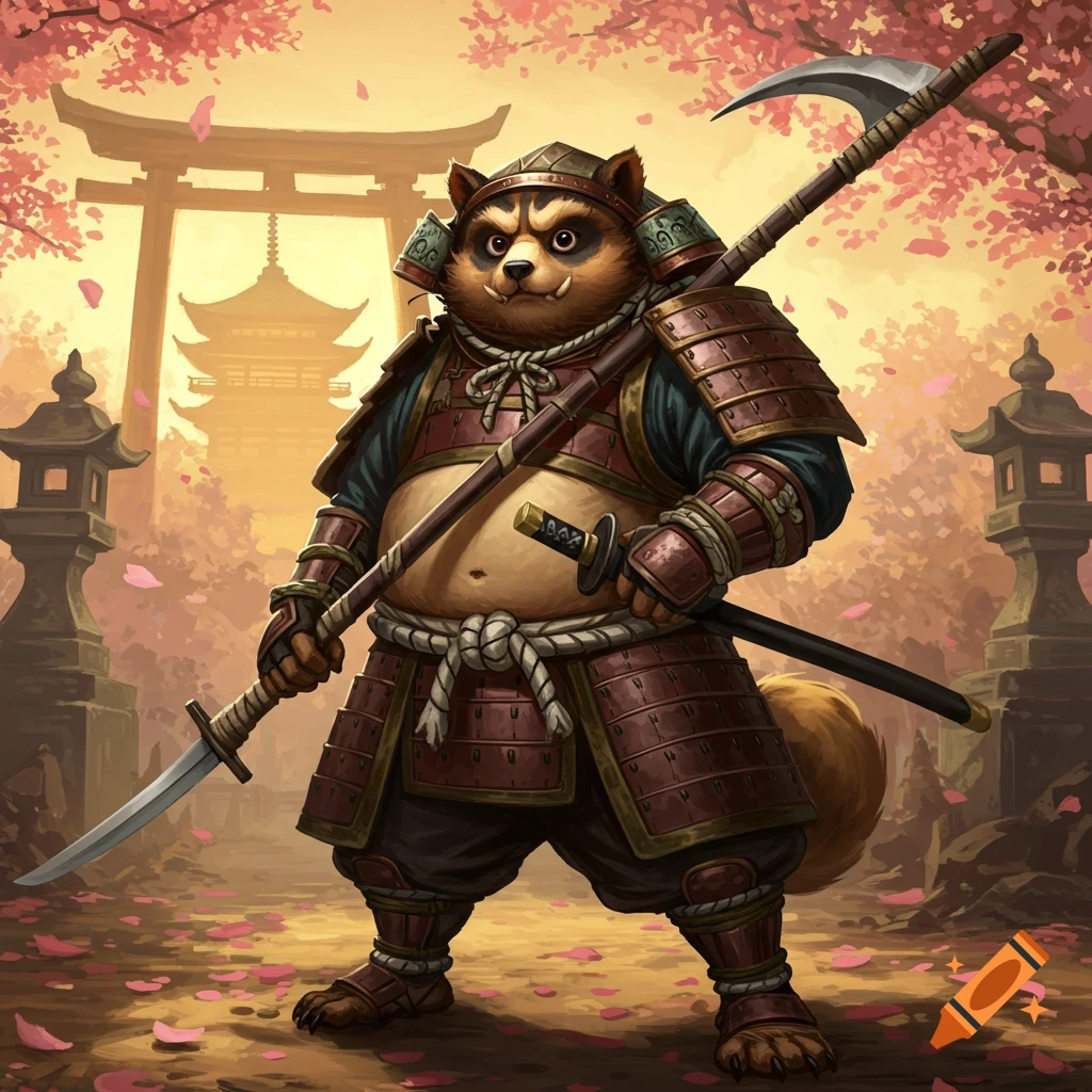 A stylized tanuki warrior in samurai armor, holding a naginata, stands before a Japanese temple and torii gate with cherry blossoms.