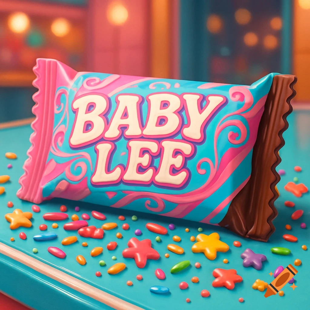 A pink and blue 'BABY LEE' candy bar with colorful sprinkles scattered on a turquoise surface.