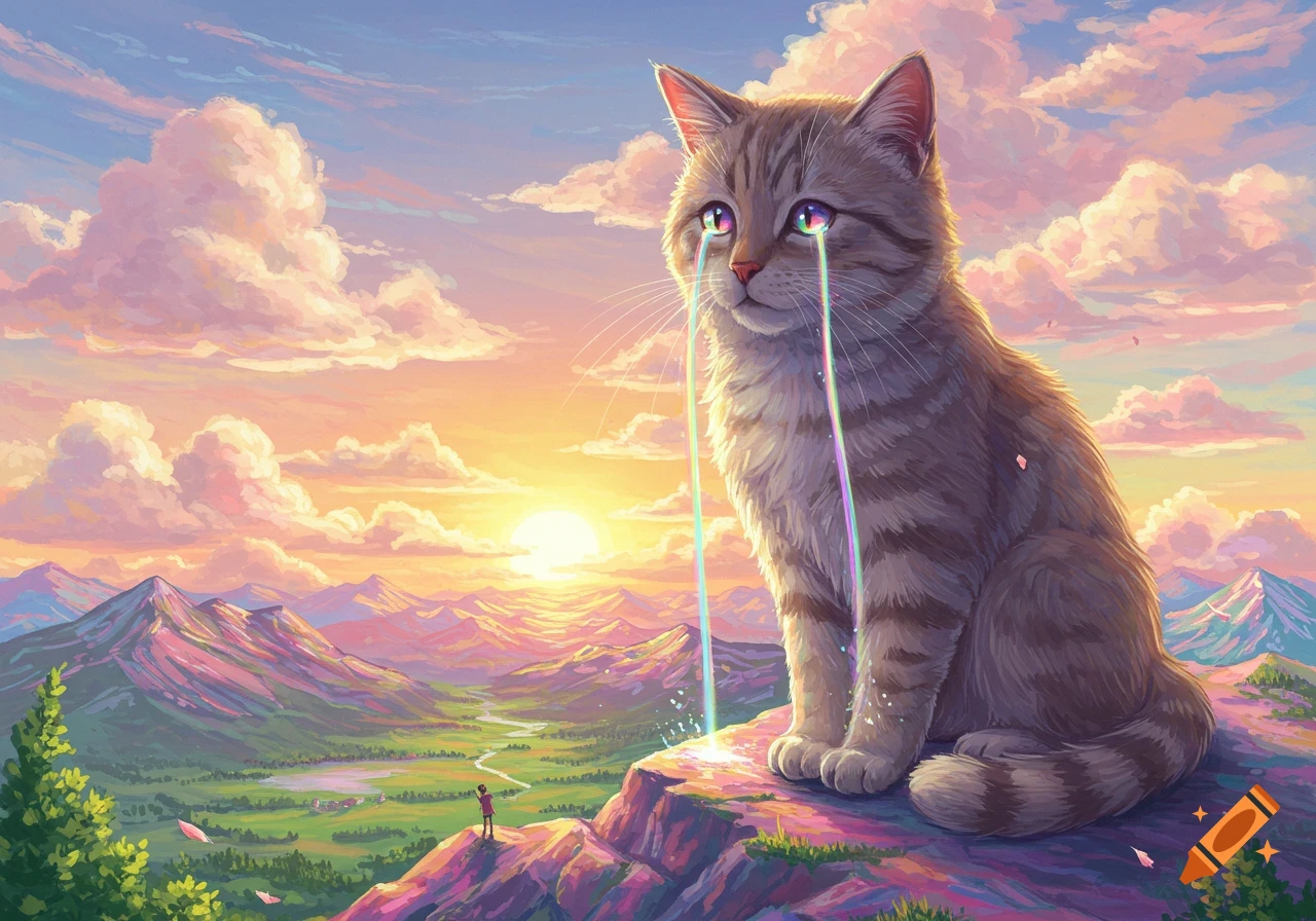 A giant tabby cat with colorful eyes cries rainbow tears over a vibrant mountainous landscape with a sunset and a tiny person.
