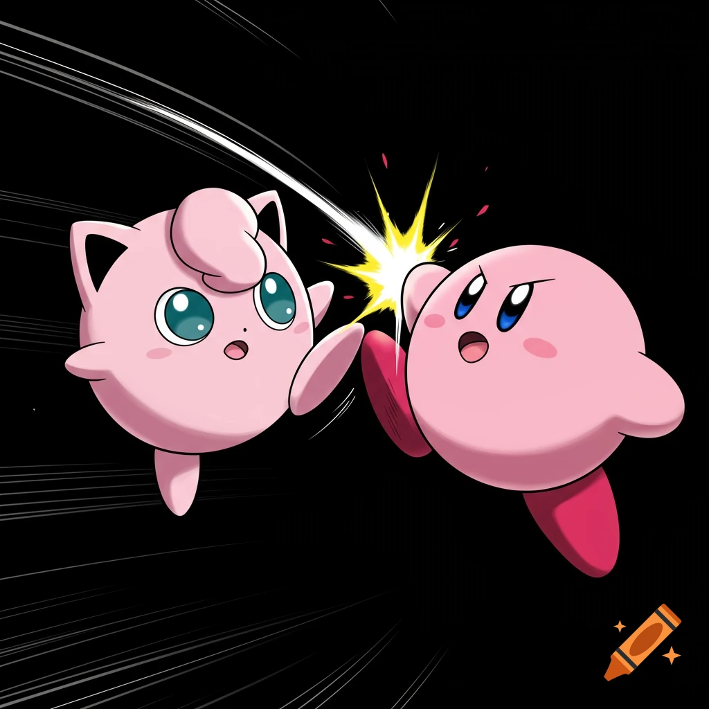 Anime style illustration of Jigglypuff kicking Kirby in the face, with a bright impact flash, on a black background.