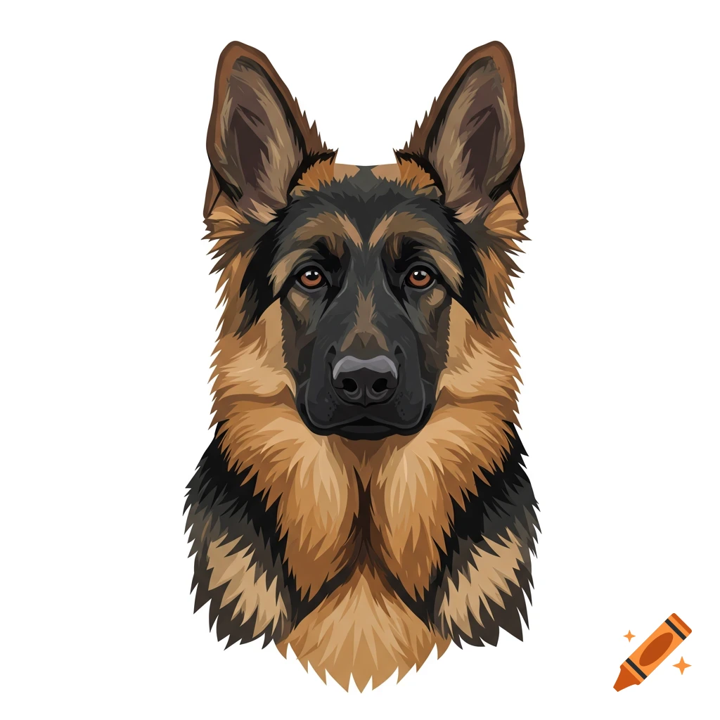 Front view illustration of a German Shepherd dog with black and tan fur against a white background.