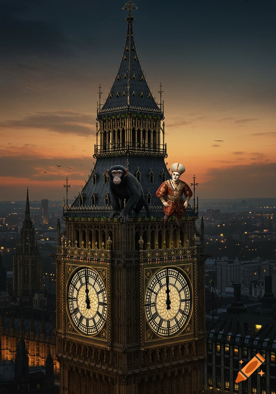 A chimpanzee and a person in historical dress sit atop Big Ben at sunset, with a city skyline in the background.