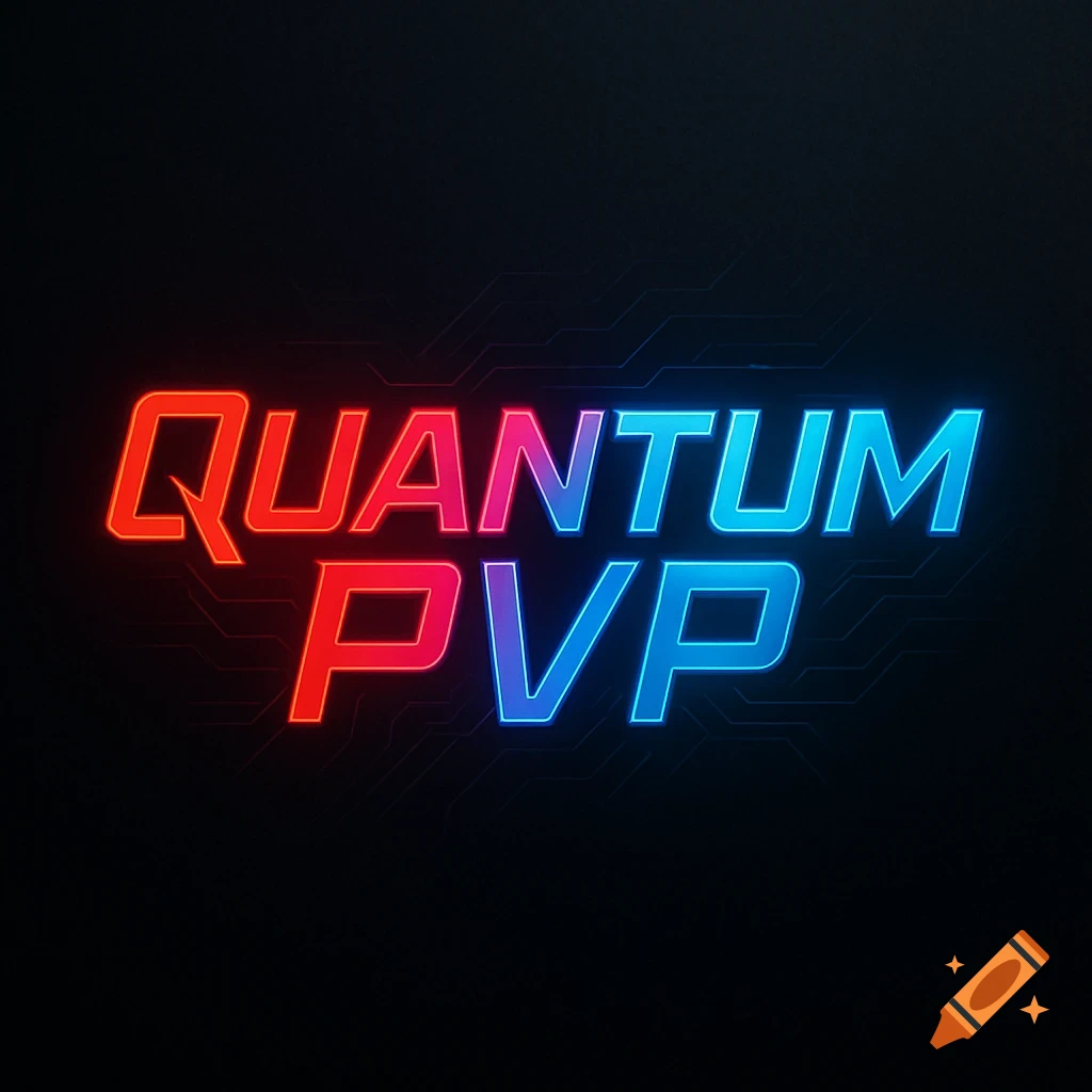 Neon red and blue text spelling 'QUANTUM PVP' on a dark background with subtle circuitry lines.