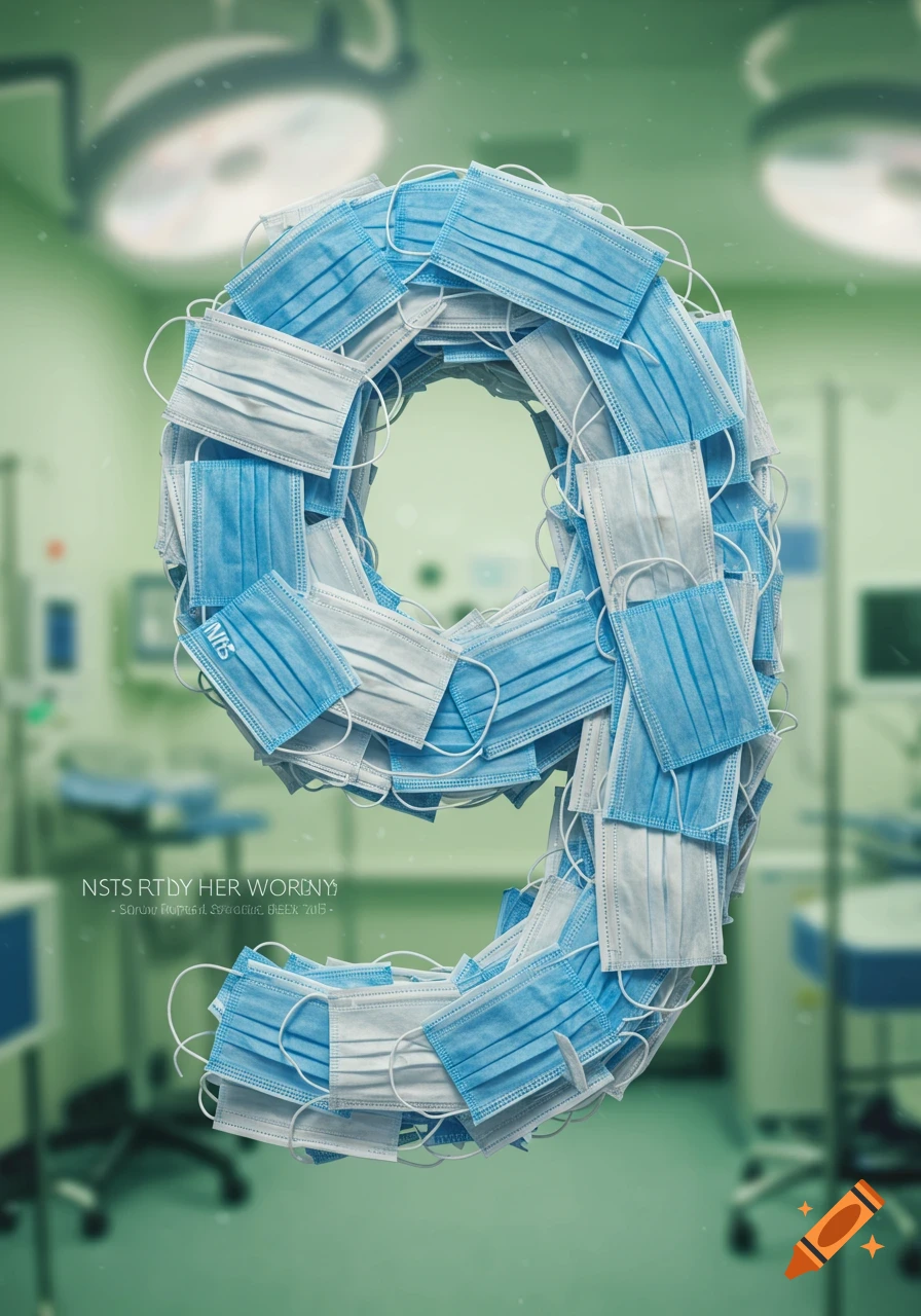 The number nine created from an arrangement of blue and white medical face masks, floating in a blurred operating room.