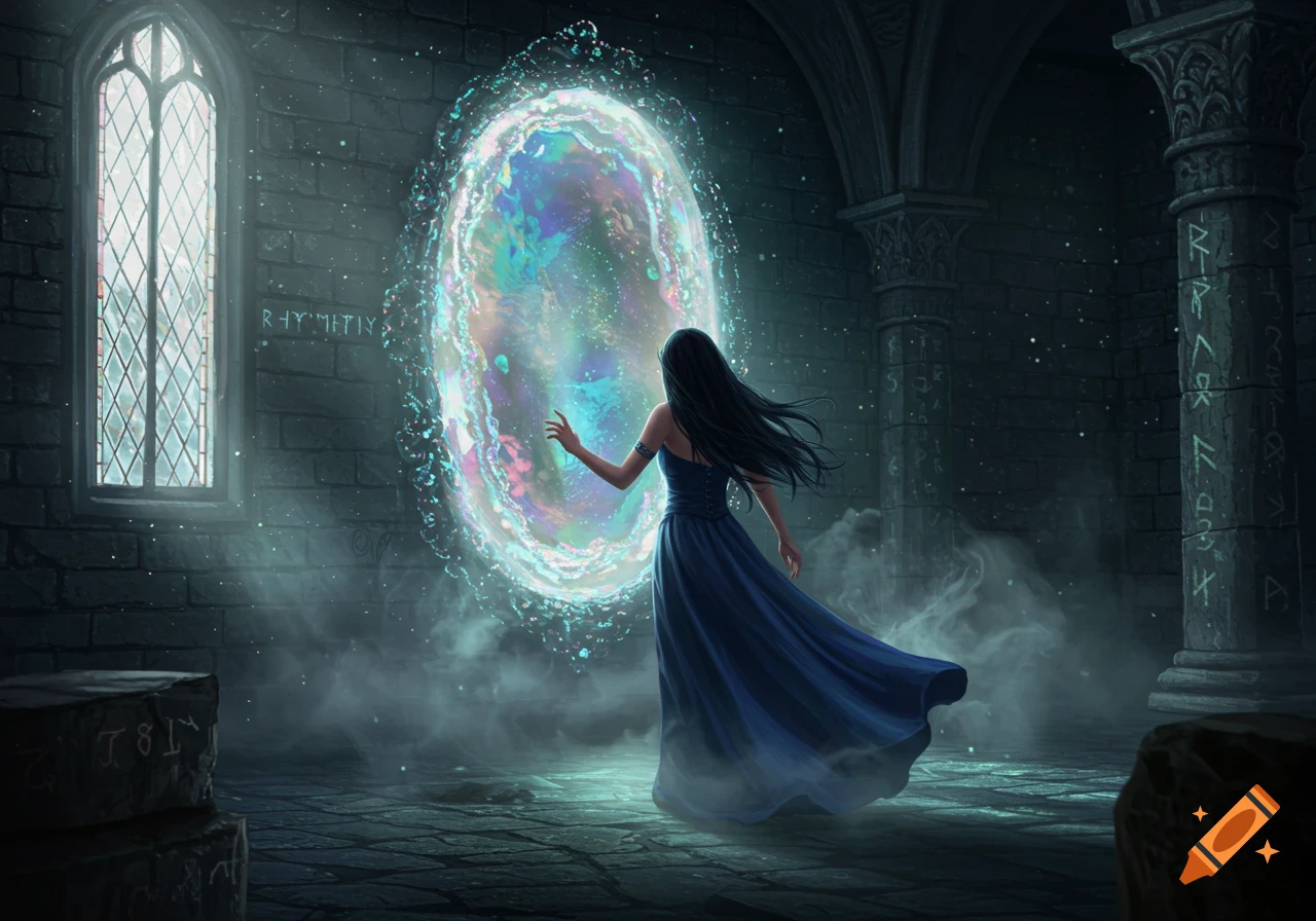 A woman in a blue dress reaches into a swirling, colorful magic portal in a dark, gothic chamber with a tall arched window.
