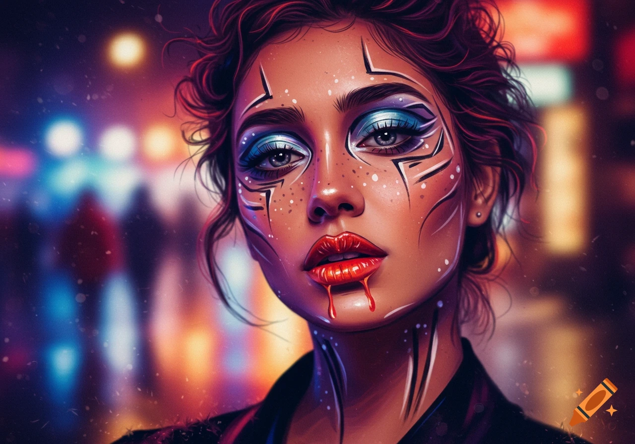 Digital art portrait of a woman with red dripping lips, intricate white facial markings, and bright blue eyeshadow in a neon-lit setting.