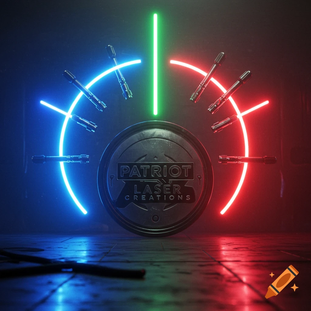 A 'Patriot Laser Creations' emblem in a dark room, surrounded by blue and red neon arcs, green vertical light, and lightsabers.