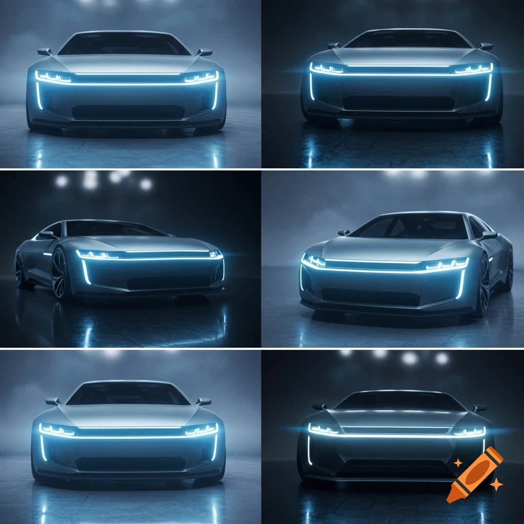 Collage of six views of a silver futuristic sports car with glowing blue LED headlights, showing front and angled perspectives.