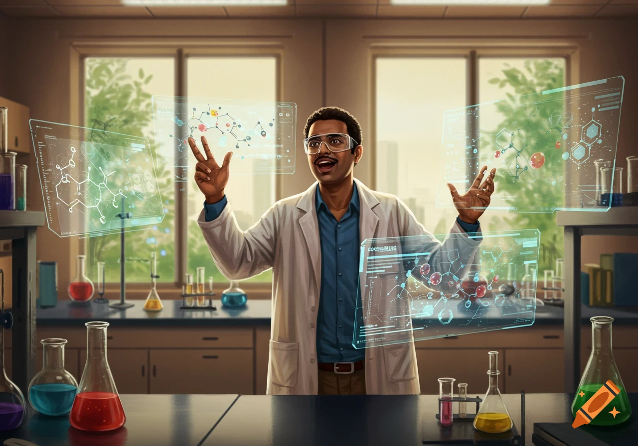 A male scientist in a lab coat and goggles gestures at glowing holographic screens displaying chemical structures in a modern laboratory.