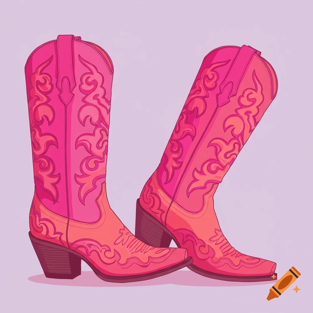 Two pink cowgirl boots with intricate patterns, standing back to back in a flat colorblocking illustration style.