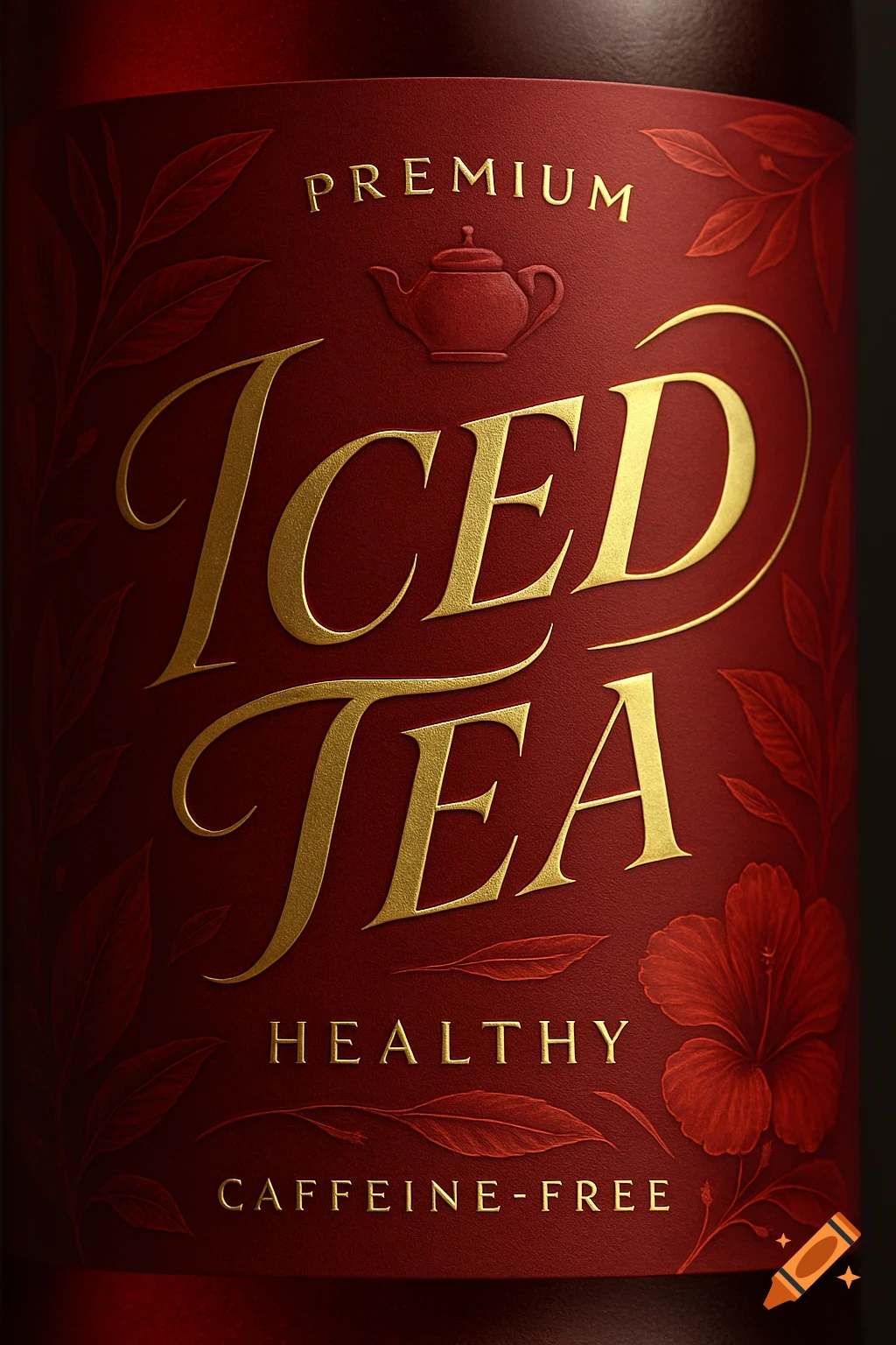 Close-up of a red bottle label with gold embossed text "PREMIUM ICED TEA", "HEALTHY", "CAFFEINE-FREE", a teapot icon, and floral designs.