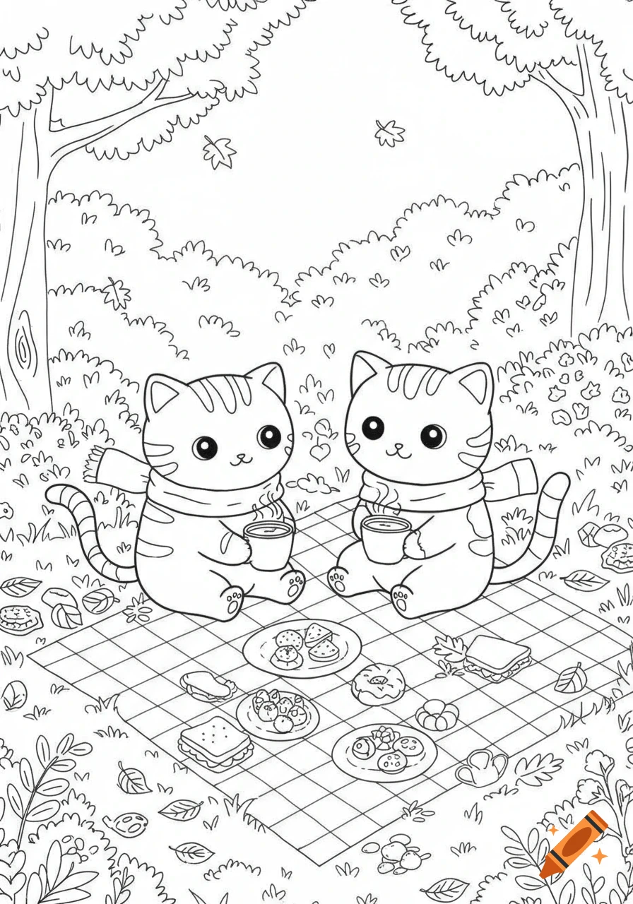 Line drawing of two kawaii cats sharing a picnic with coffee under autumn trees, in a coloring book style.