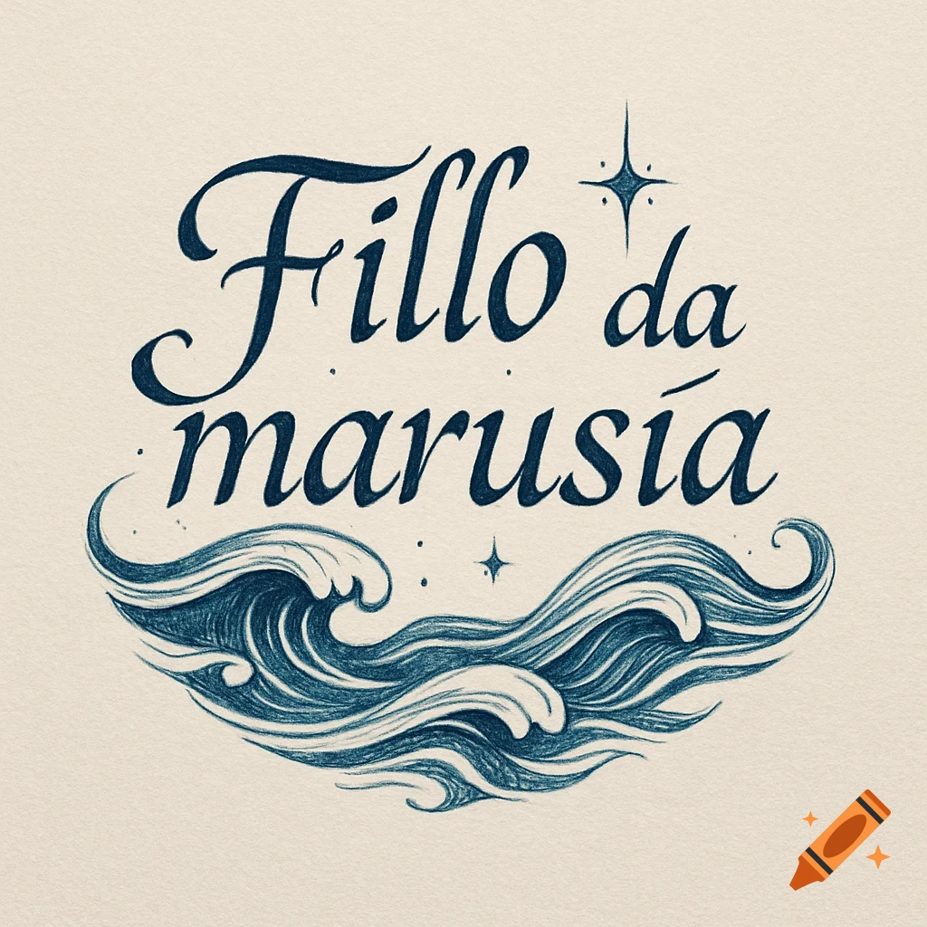 Calligraphic text 'Fillo da marusía' in dark blue over stylized ocean waves, against a cream background, with a hand-drawn aesthetic.