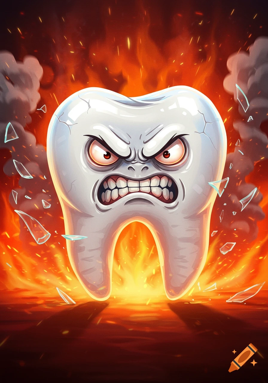 An angry cartoon tooth with red eyes and bared teeth, surrounded by fire, smoke, and shattered glass.