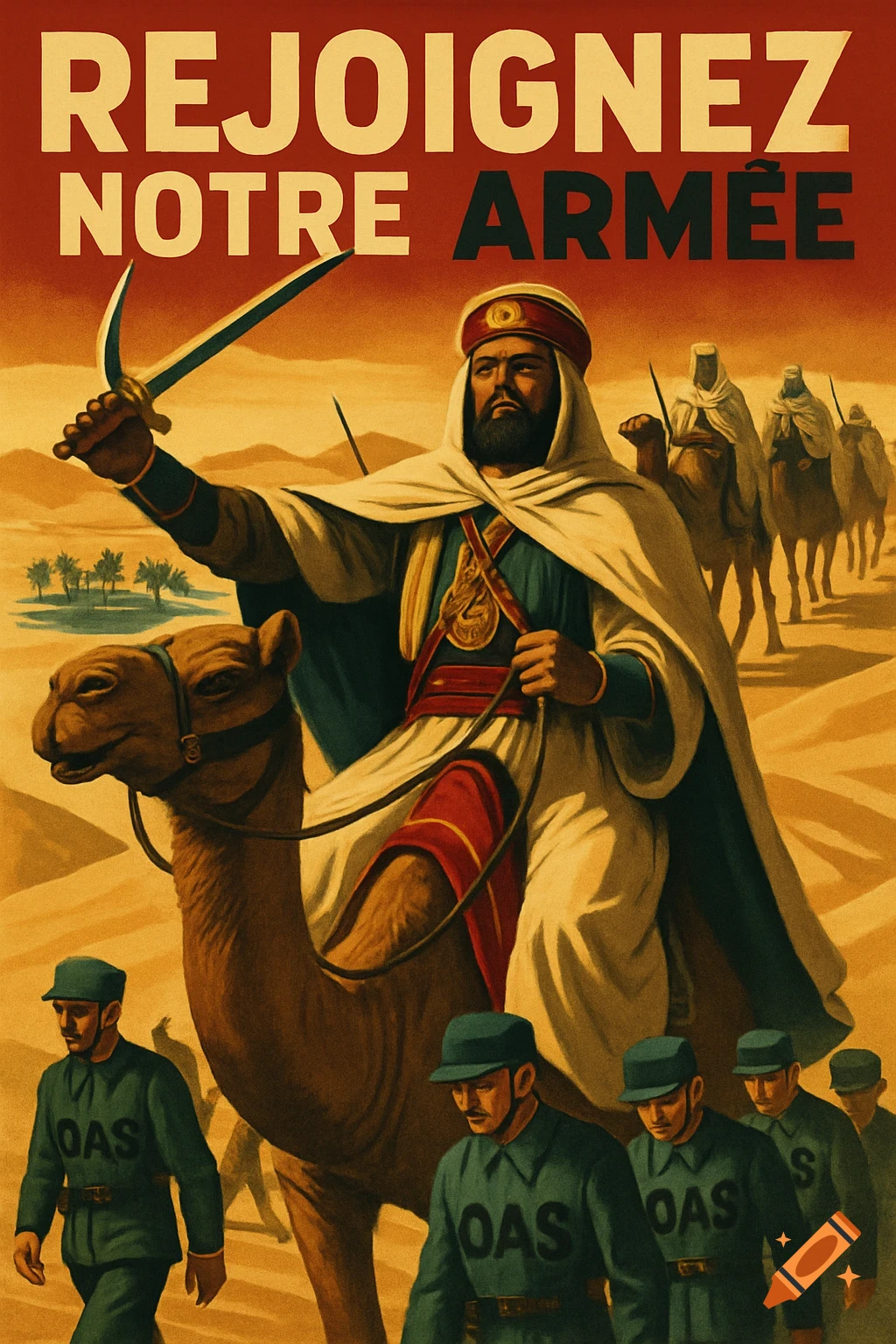 Vintage propaganda poster shows an Arab leader on a camel with a sword, leading other Arab fighters in a desert. French soldiers labeled 'OAS' are shown as prisoners in the foreground.