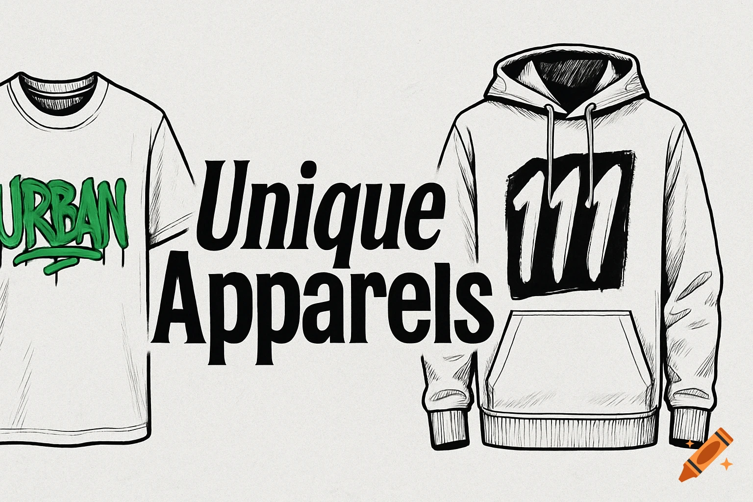 Hand-drawn banner with a white t-shirt with green "URBAN" text and a white hoodie with "111", promoting "Unique Apparels".