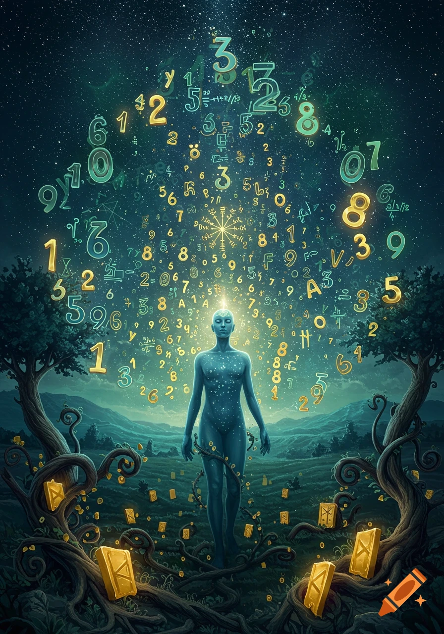 A glowing blue ethereal figure stands in a mystical landscape with a starry sky, surrounded by numerous floating golden and green numbers and mathematical symbols, and golden rune tablets among twisted tree roots.
