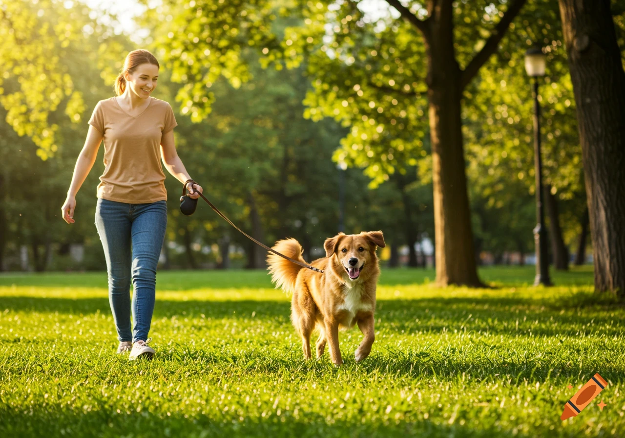 A happy woman walks her brown dog on a leash through a sunlit green park.