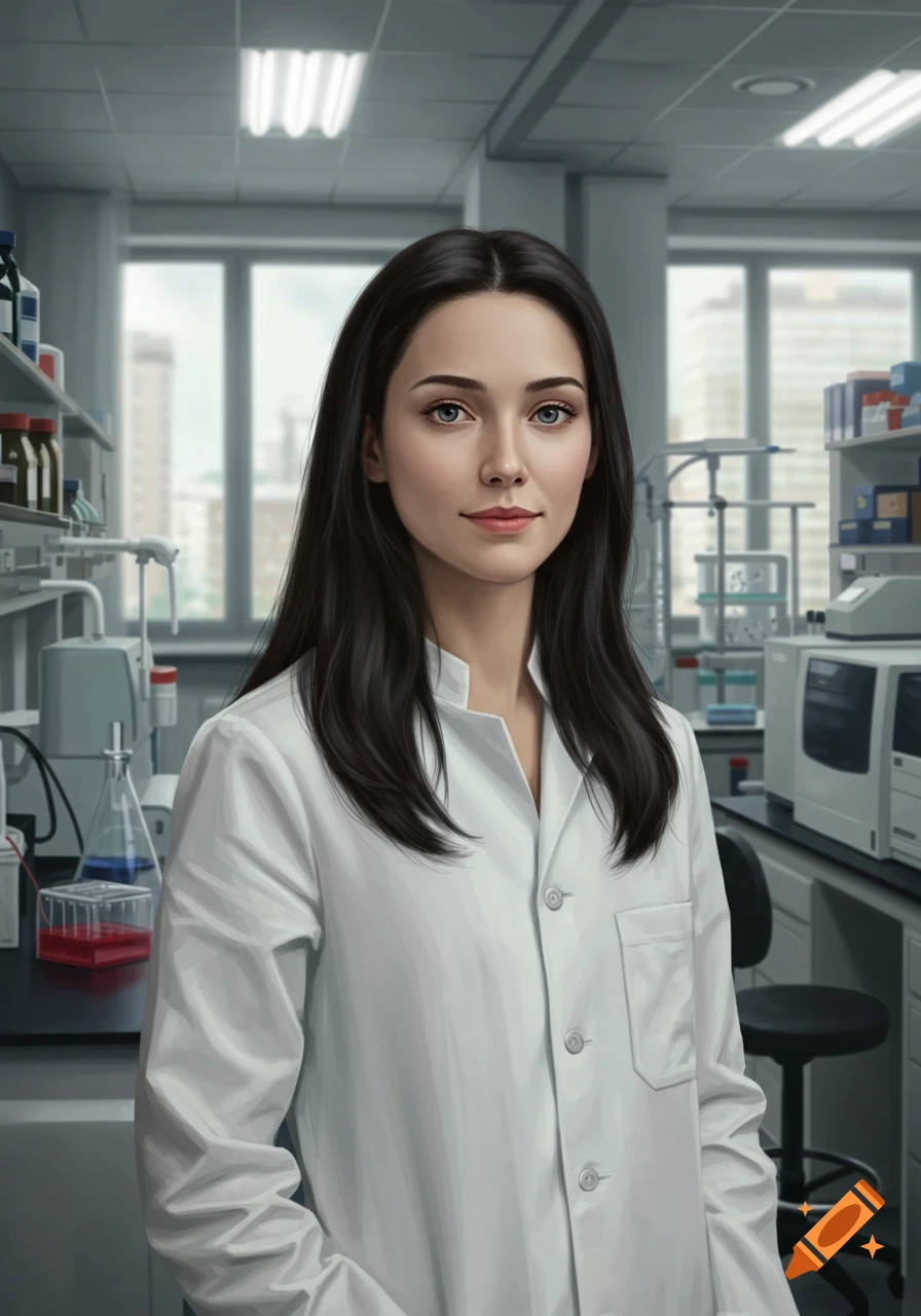 A confident, professional woman with dark hair and light eyes, wearing a white lab coat, stands in a modern laboratory. Photorealistic style.