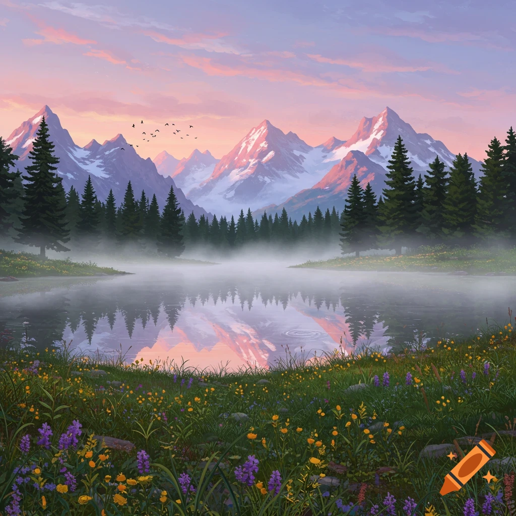 Picturesque landscape with snow-capped mountains, a misty lake